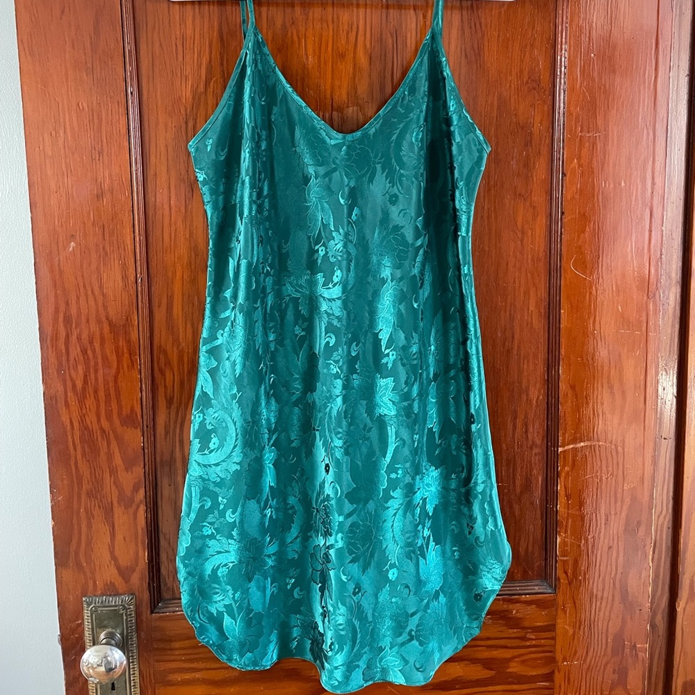Vintage Emerald Green Silk-Texture Slip Dress